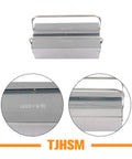 Tough As Nails Two Tier Stainless Steel Toolbox With Three Folding Trays And Rugged Carry Handle 18 Inch, top view with handle.