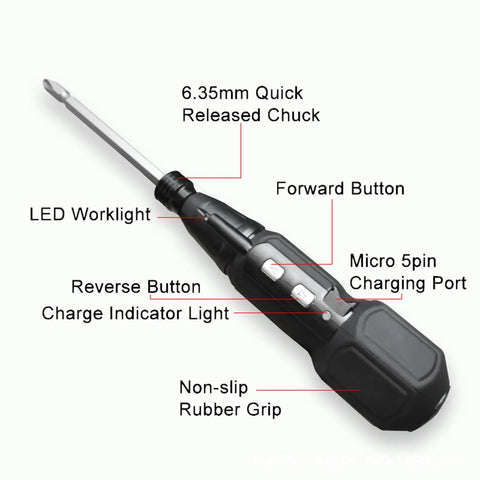 Slick Cordless Electric Screwdriver With Built In Led Light showing quick release chuck, forward and reverse buttons, and non-slip grip.