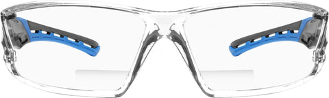 Top Tier Anti Fog Safety Glasses With Blue Bifocal Readers And Plus Point Five Magnification, front view of wrap around frame.