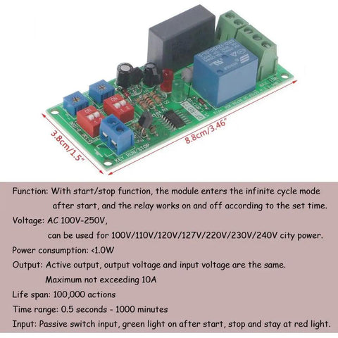 Infinite Cycle Delay Timer Relay Switch with Adjustable Run and Stop Timers, 3.8cm x 8.8cm on circuit board, AC 100-250V