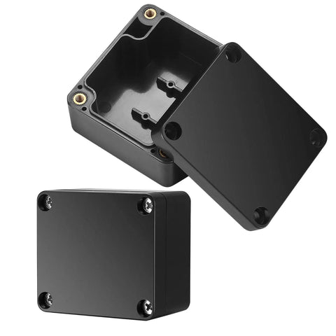 Built Tough Abs Plastic Electrical Junction Box Set Of Six IP65 Water Resistant Power Housing For Smooth Diy Projects And Circuit Assembly 2.5 X 2.3 X 1.4 Inches, showing black enclosure with screws.