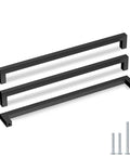 Top Shelf Black Stainless Steel Cabinet Handles And Drawer Pulls Featuring 12 5/8 Inch Center Spacing, three black handles with screws.