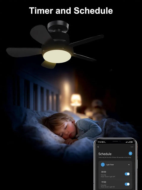 16 Inch Smart Socket Ceiling Fan Light With Remote RGBW E26 Bulb 1800Lm installed in bedroom, child sleeping below.