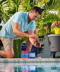 Person testing water with Swimsuit Ready 3 Way Water Test Kit For Swimming Pool Checks Bromine Chlorine And Ph Levels Instantly.