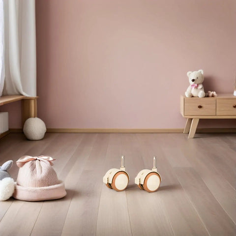 4pcs Crib Caster Wheel Set with Grip Neck Stem, PU Silent Locking on wooden floor, decorative items in background.