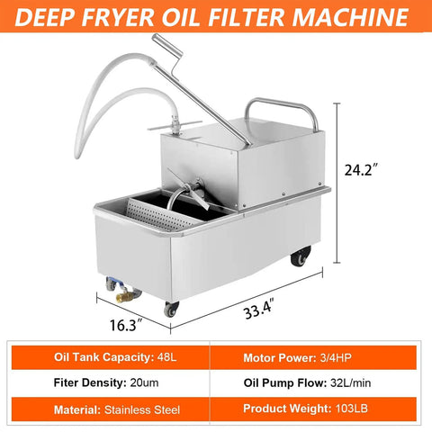 Heavy Duty Commercial Deep Fryer Filter Cart 550W Oil Filler Machine With Pump, stainless steel, 48L tank, mobile design.