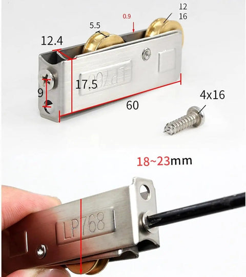 Heavy Duty Window Pulley And Sliding Door Runner Featuring Stainless Steel Core Copper Wheel And Aluminum Alloy Guide Rail, measuring 60mm with gold wheels.