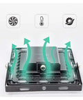 Close-up of Hella Bright Solar Flood Light With Remote Control And Smart Battery Display showing cooling vents and design features.