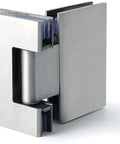 Close-up of Kickass Durability Straight Up Smooth Operation Brushed Stainless Steel Pivot Hinge for self closing shower glass doors.