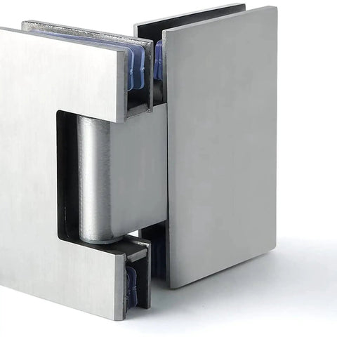 Close-up of Kickass Durability Straight Up Smooth Operation Brushed Stainless Steel Pivot Hinge for self closing shower glass doors.