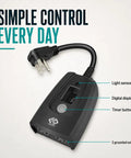 Built Tough Outdoor 24 Hour Light Timer With Photocell Dusk To Dawn Sensor showing dual grounded outlets and digital display.
