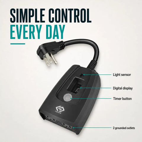 Built Tough Outdoor 24 Hour Light Timer With Photocell Dusk To Dawn Sensor showing dual grounded outlets and digital display.