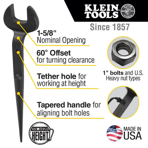 Workhorse Construction Spud Wrench With Tether Hole Made In USA 1-1/4 Inch Opening 3/4 Inch Bolt Fit For Heavy Nut Forged Steel Tool With Cross-Hole Tapered Handle For Easy Bolt Hole Alignment displayed with features and USA flag