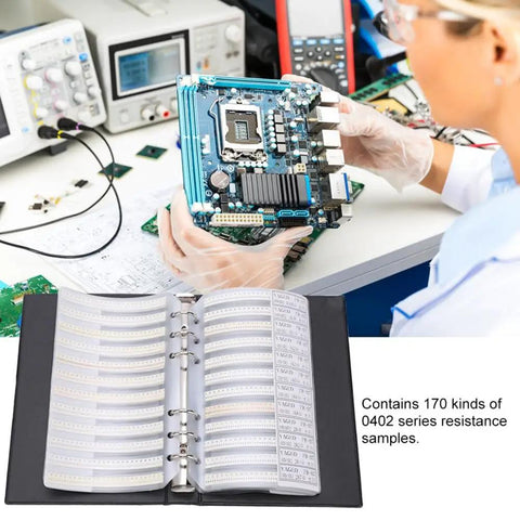 Top Tier 0402 Resistor Assortment Kit With 8500 Pieces And 170 Values locked in a sample book during electronics repair.