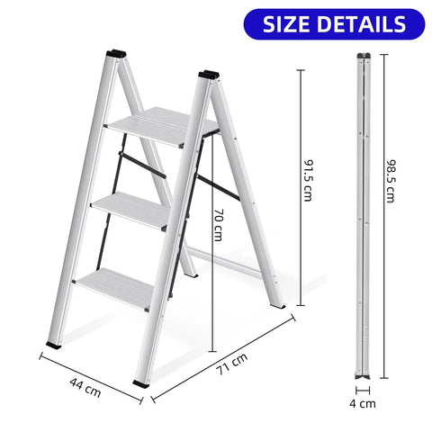 Three Step Aluminum Folding Ladder For Indoor And Outdoor Tasks Space Saving Slim Fold To Four Centimeter Flat size diagram