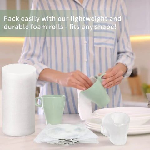Badass Thick Foam Wrap Roll Moving Supplies 16 Inches Wide By 160 Feet Long on a table with cups and dishes.
