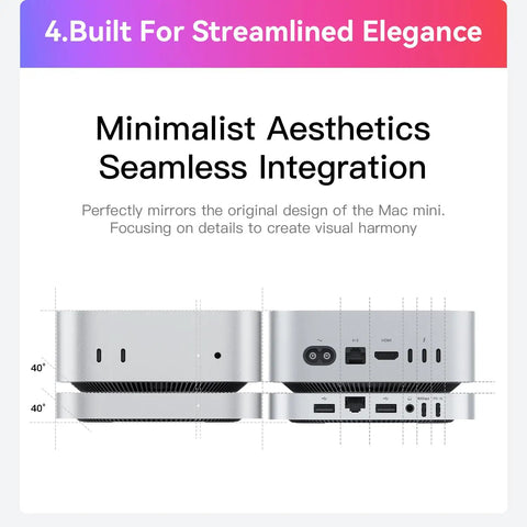 Premium Mac Mini M4 Dock With 80Gbps Usb C Hub And Solid Aluminum Base Featuring 2Tb Nvme Ssd Upgrading To 8Tb Plus 2.5G Lan And Sd 4.0 Slots For Creative Grind And Plug And Play Flow That Slaps, showcasing minimalist aluminum design with ports.