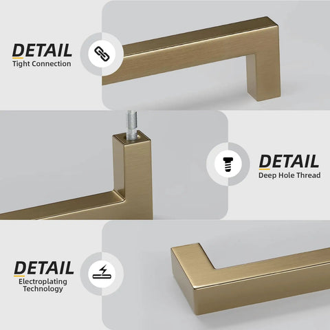 Close-up of Top Shelf Champagne Bronze Cabinet Pulls 5 Inch showcasing tight connection and deep hole thread details.
