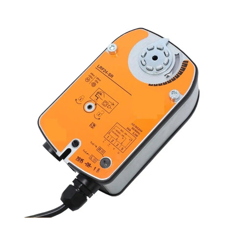 Heavy Duty Ventilation Ball Valve Actuator Lrf24 Sr Modulating Rotary Design, orange housing, top view, analog feedback connections.