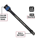 Half-Inch Drive 8 Inch Color-Coded Torque Extension Bar Set, Chrome Molybdenum Steel, with Blue Ring and Ball Detent
