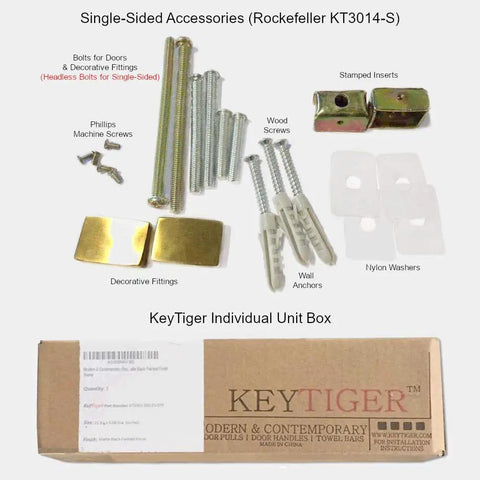 Single-Sided Accessories kit for Sleek 48 Inch Single Sided Modern Stainless Steel Front Door Handle including bolts, screws, and fittings.