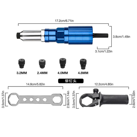 Attachment Kit For Drill With High Torque Pop Rivet Head, including 4 sizes, wrench, and handle for metal fastening.