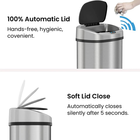 Extra Large 91L Hands Free Touchless Sensor Trash Can With AbsorbX Odor Filter, stainless steel lid opening demonstration.