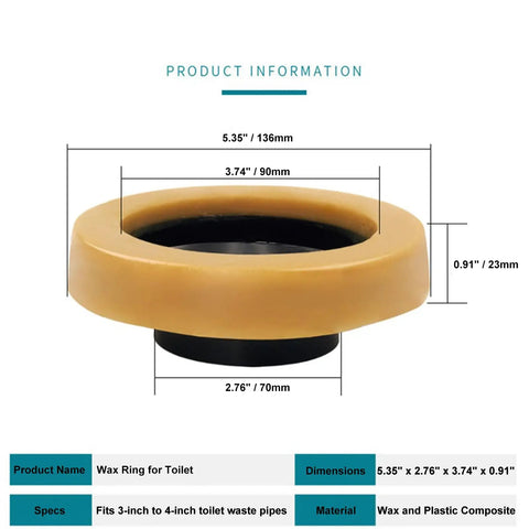 Heavy Duty Butter Wax Ring Kit With Reinforced Bolts Fits 3 Or 4 Inch Pipes, wax ring showing 5.35 inches diameter and 0.91 inches height.