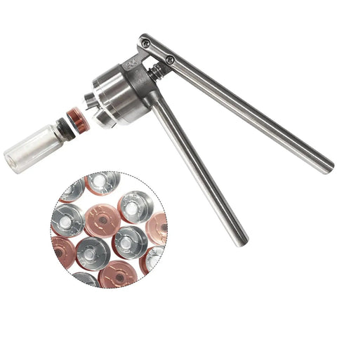 20mm Vial Manual Crimper Hand Sealing Machine With 100 Vials Stoppers And Caps, shown with stainless steel construction.