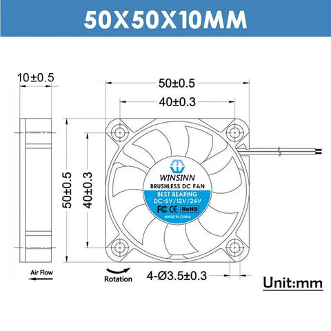 Rock Solid 50 Mm 12 V Cooling Fan 6000 Rpm Brushless Hydraulic Bearing 5 Pack dimensions diagram 50x50x10mm airflow rotation details.