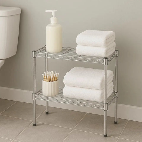 Heavy Duty Chrome Wire Shelving Rack With Two Adjustable Tiers And Rust Resistant Finish offers organized towels and toiletries in a bathroom.
