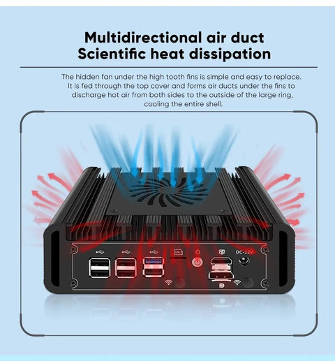 Intel N300 Mini Pc Firewall Router Knockout Build With 2X 10GbE Sfp Plus And 3X 2.5GbE Lan showing top surface with cooling fans.