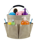17L Foldable Cleaning Caddy with Handle and Six Pockets filled with toiletries, showing front view.