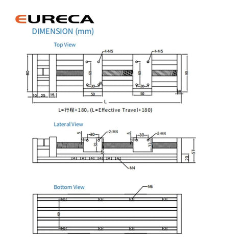 Technical diagram of Right And Left Threaded Linear Motion Rail With SFU1605 Ball Screw For CNC Systems, 500mm stroke