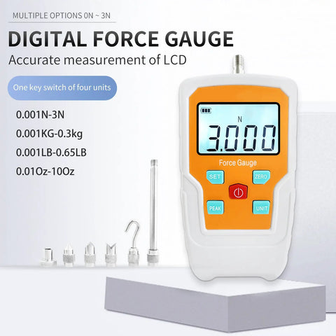 Tough As Nails Digital Force Gauge And Push Pull Dynamometer Featuring Knockout Precision Readout showing 3 Newtons on LCD.