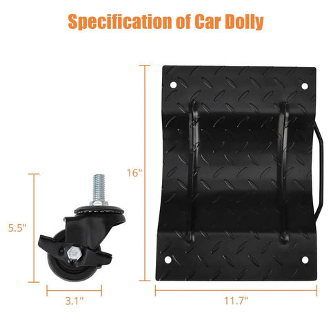 Rock Solid Car Dollies 4 Pack specifications showing a black metal dolly with thick nylon wheels and dimensions.