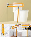 Heavy Duty Foldable Toilet Grab Bar With Flip Up Bathroom Safety Rail Non Slip Shower Support Handle Heavy Lifter Core No Sweat Grip Reliable Ride For Seniors And Mobility Users, yellow rail mounted next to toilet
