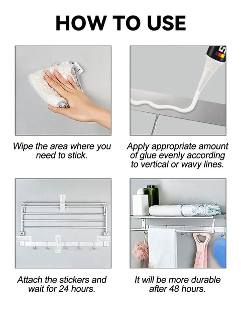 Image instructions on using Boss Grade All Purpose Glue Kit With Quick Cure Formula And Slick Snip Tip Applicators for easy adhesion.