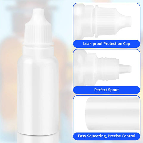 No Sweat Refills With This Five Piece Pack Featuring Four White 15ml Plastic Dropper Bottles Plus One Quick Pour Funnel close-up, leak-proof cap and precise spout.