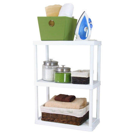 No Sweat 3 Tier Storage Shelving Units In Fresh White, 2 Pack Of Interconnectible Closet Organizers with towels and storage bins.