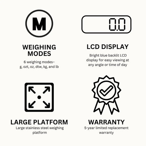 Infographic of Platinum PRO6000 Digital Jewelry Scale features: 6 modes, blue LCD display, large platform, 5-year warranty.