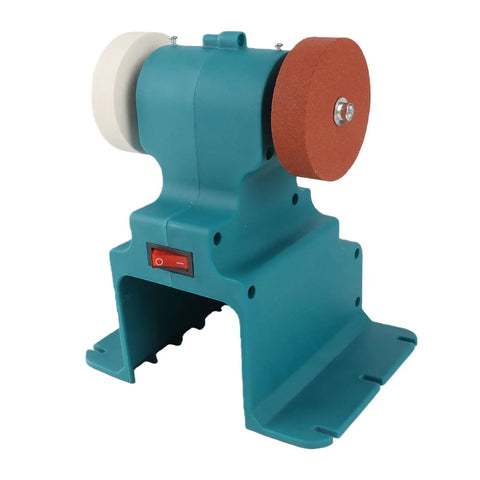 Hardcore Mini Bench Grinder Featuring A Rock Solid Mount Base That Zeroes Out Vibration Smooth Cordless Polisher And Sander Plays Nice With Standard 18V Batteries For Weekend Warriors in turquoise with two different grinding wheels.
