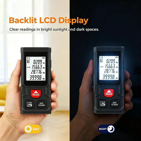 Heavy Duty Digital Laser Distance Meter 131 Ft Measuring Tool With Glowing Backlit Lcd Screen in day and night settings.