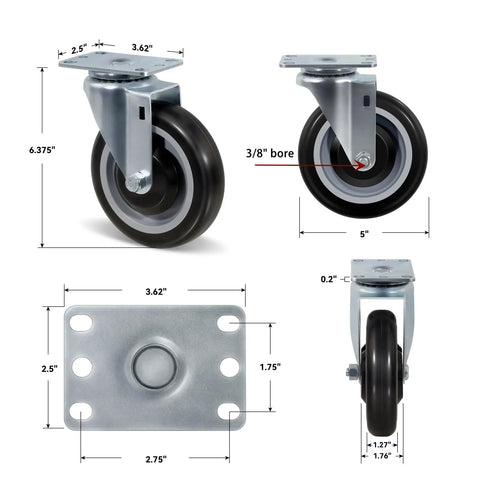 Heavy Duty 5 Inch Swivel Caster Wheels Set Of 4 With 1400 Lb Load Capacity Polyurethane Replacement Casters For Furniture Equipment And Carts Thick Steel Construction 6.37 Inch Total Height 3.62x2.5 Inch Top Plate, showing dimensions and features.