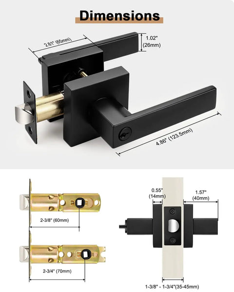 Slick Matte Black Keyed Entry Door Handles With Heavy Duty Lock And Keys For Front Or Back Door Solid Zinc Alloy Square Exterior Lever Set dimensions.