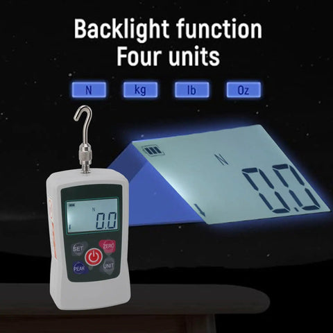 Heavy Duty Digital Force Gauge And Push Pull Meter That Works Like A Champ For Tension Tests, showing backlight display and units.