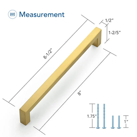 Premium Gold Cabinet Pulls 25 Pack, 8 Inch Center To Center Bar Handles For Kitchen Cabinets And Drawers showing 8-inch gold handle with measurements.