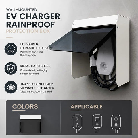 Universal Ev Charger Protective Cover Outdoor Weatherproof Electric Vehicle Charging Station Enclosure Tough As Nails Metal Housing Badass All Season Shield Sharp Black Paint on wall-mounted EV charger rainproof protection box.