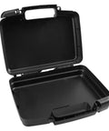 Top Shelf All Weather Badass Black Plastic Toolbox With Removable Storage Tray Portable Repair Case open view showing interior.