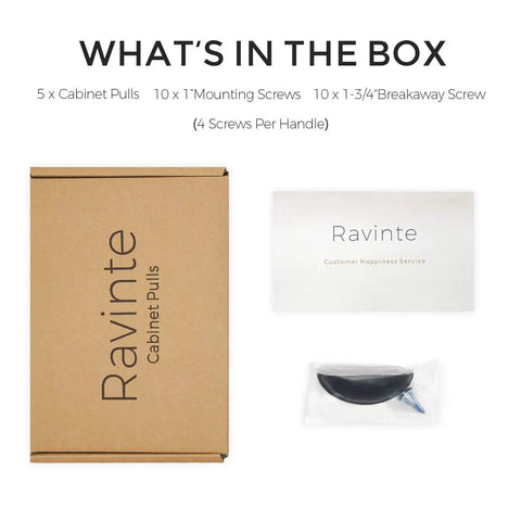 What's in the box image showing 5 x Slick Matte Black Cabinet Cup Pulls And Drawer Handles 3 Inch Center To Center Spacing 5 Pack.